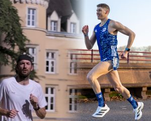 A split image shows two men running outdoors: on the left, a man in a white shirt and black cap runs past a building; on the right, another man in blue athletic gear—reminiscent of Best Athletics head coach Nick Bester—runs near a red railing.