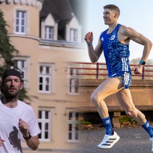 A split image shows two men running outdoors: on the left, a man in a white shirt and black cap runs past a building; on the right, another man in blue athletic gear—reminiscent of Best Athletics head coach Nick Bester—runs near a red railing.