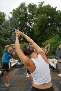 A group of people practice yoga outdoors on a wooden deck at a glorious chateau in the Loire, stretching their arms overhead. Surrounded by sofas and trees, the atmosphere appears calm and focused.