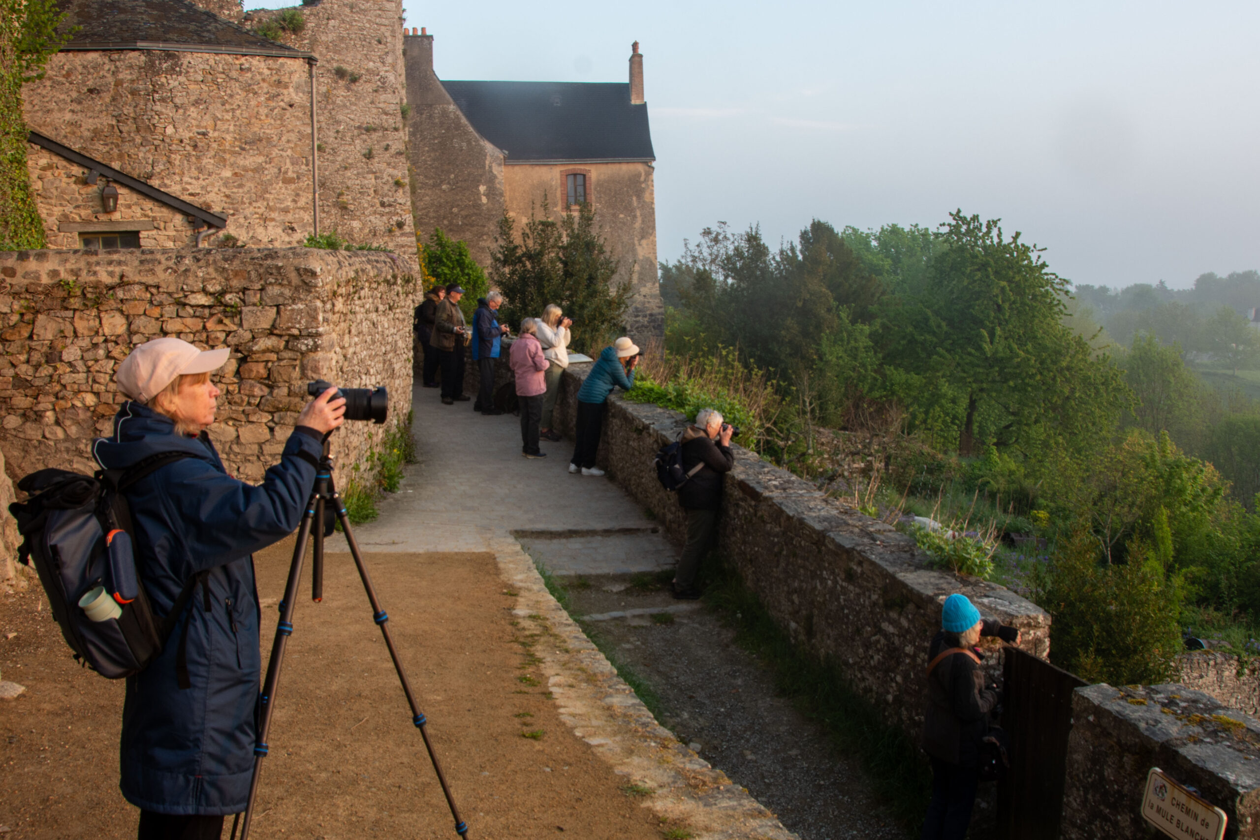 A group of people with cameras and tripods stand along a stone path beside old buildings, photographing a scenic view with greenery in early morning light.