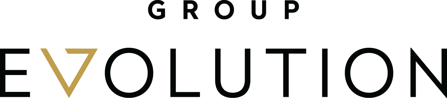 Large black text spells EVOLUTION on a light gray background, with the V depicted as a gold triangle. The word GROUP appears in smaller, faint white letters above EVOLUTION.