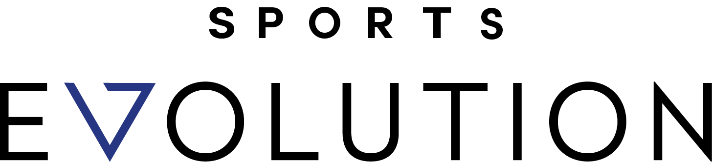 Large black text spells EVOLUTION on a light gray background, with the V depicted as a blue triangle. The word SPORTS appears in smaller, faint black letters above EVOLUTION.