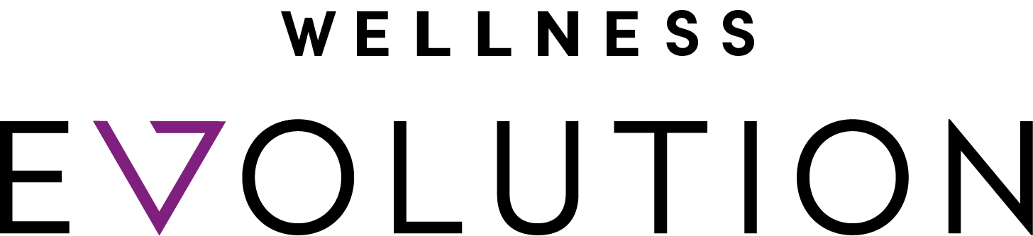 Large black text spells EVOLUTION on a light gray background, with the V depicted as a purple triangle. The word WELLNESS appears in smaller, faint black letters above EVOLUTION.