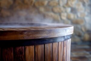 A close-up of a wooden hot tub with steam rising from the water, set against a blurred stone wall background.