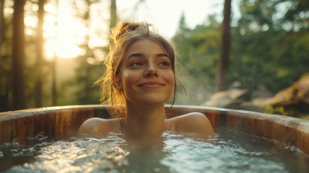 A young woman relaxes and smiles in a steaming wooden hot tub outdoors, surrounded by trees and warm sunlight filtering through the forest.