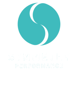 Teal circle logo with two curved white shapes inside, resembling yin-yang. Below the logo, the words SYMMETRY PERFORMANCE are written in all caps, light gray text on a white background.