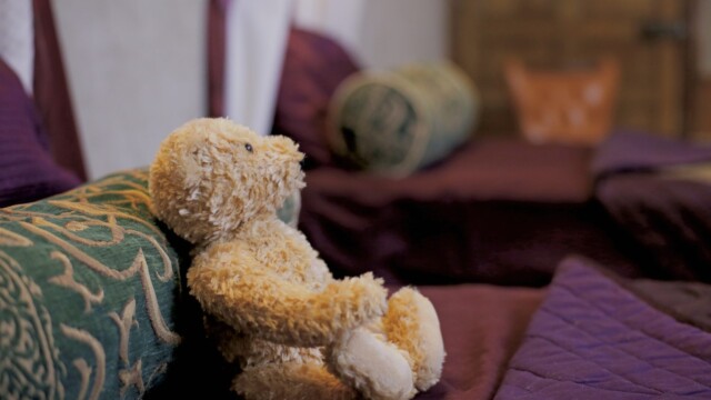 'Cuddly toy appeal' A plush teddy bear sits leaning against an ornate green and gold pillow on a bed with purple bedding. In the background, there are more similar pillows and a wooden door, creating a cozy atmosphere.