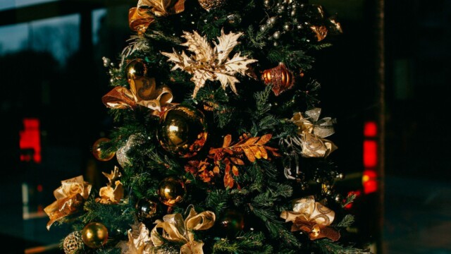 A decorated Christmas tree with green branches, adorned with gold and bronze ornaments, large gold leaves, and red baubles. The tree is set indoors against a dark background, with soft lighting highlighting its festive decorations.
