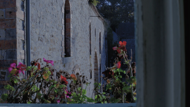 View of a stone building with arched windows, partially obscured by a wall. Bright flowers and greenery appear in the foreground, with trees visible in the background under a clear blue sky.