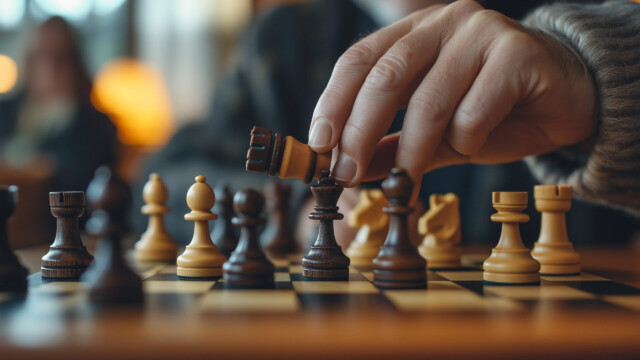 A close-up of a hand moving a black king chess piece on a wooden chessboard, with blurred figures and warm lighting in the background, creating an intense and focused atmosphere.