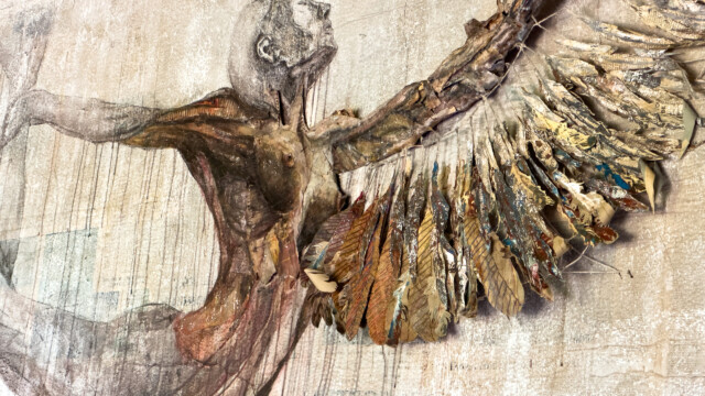 Mixed-media artwork of a figure with outstretched arms, featuring a painted body and textured wings made from layered materials resembling feathers, evokes the elegance of a glorious chateau in the Loire, set against a faded, neutral background.
