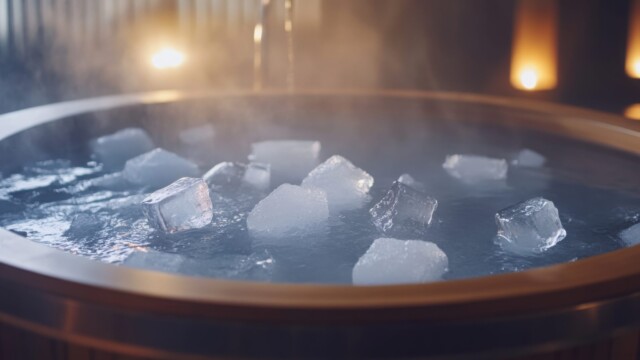 A round wooden tub filled with water and large ice cubes, with steam rising, suggesting a contrast between hot and cold. Warm lights softly illuminate the background.