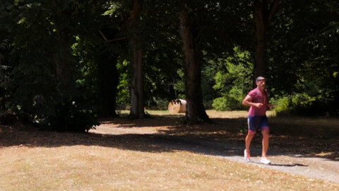 A man in a pink shirt and blue shorts jogs on a sunlit path through a park with tall trees, casting shade over part of the walkway. Dry grass covers the ground.