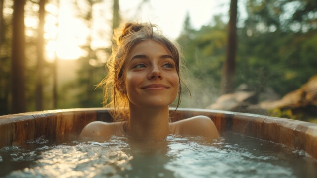 A young woman relaxes in a wooden hot tub, smiling contently as the warm water envelops her. Surrounded by a peaceful forest, the sun sets behind the trees. A young woman relaxes and smiles in a steaming wooden hot tub outdoors, surrounded by trees and warm sunlight filtering through the forest.